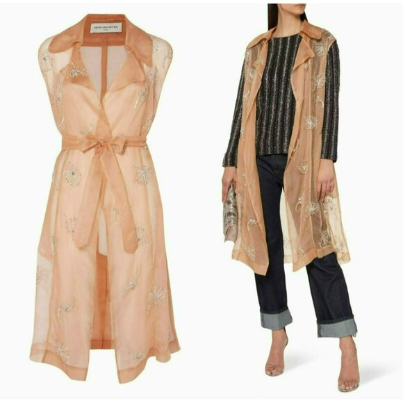 Dries Van Noten Remplir Silk Organza Sheer Crystal Embellished Trench Coat Wrap - Picture 1 of 16